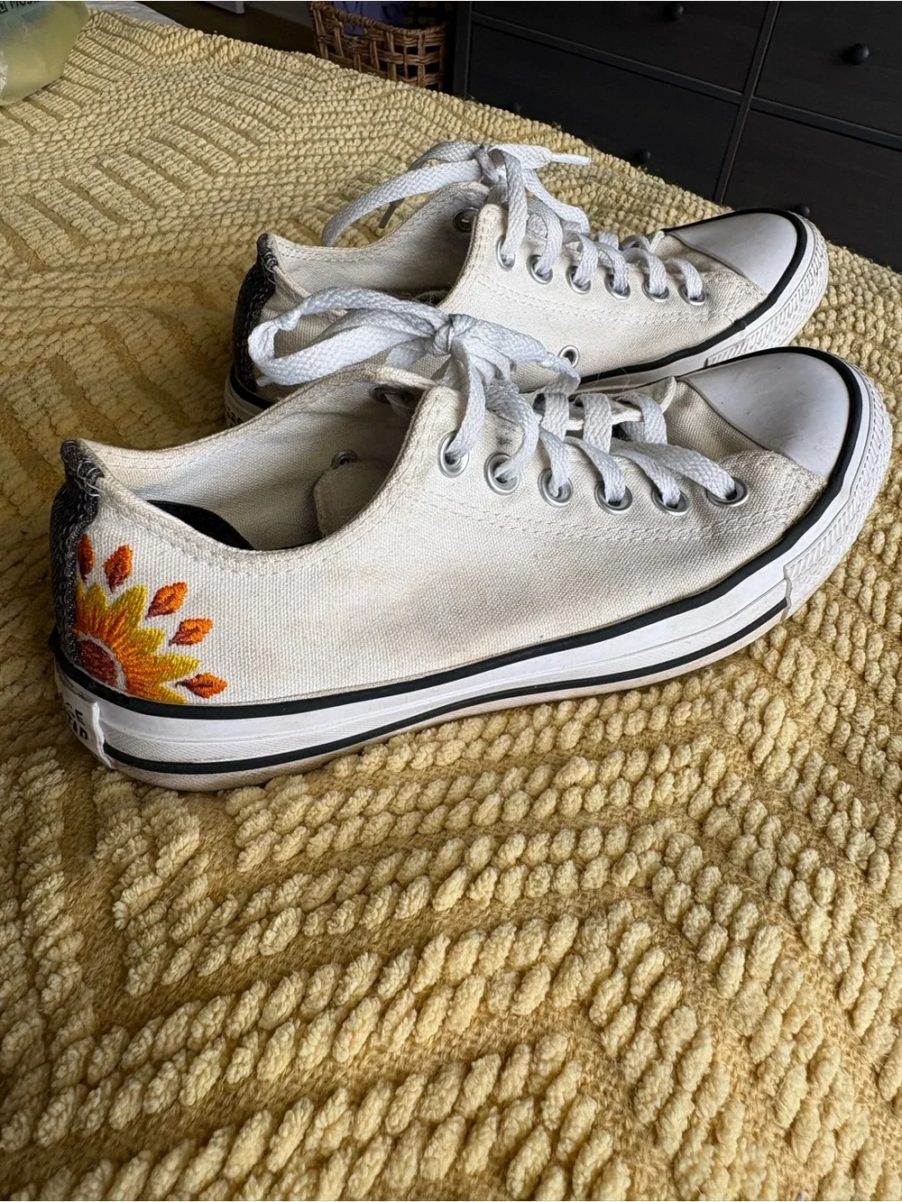 Women’s Converse White Low Top with Customized Sunflower Detail